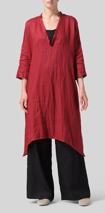 Dull Red Linen Roll Sleeve Deep V-neck Tunic