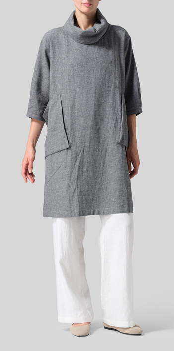 Two Tone Gray Black Heavy Linen Cowl Neck Oversized Tunic