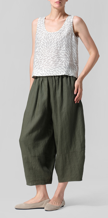 Khaki Leaf Linen Sleeveless U-neck Vest Top