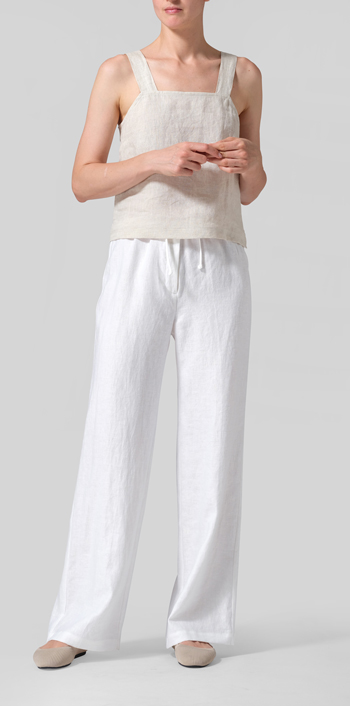 White Linen Drawstring Straight Leg Extra-Long Pants