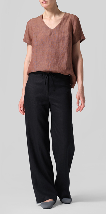 Cinnamon Linen V-neck Short-Sleeved Cropped Top​