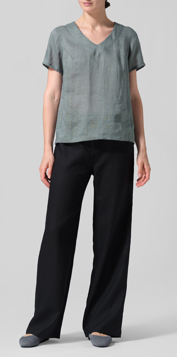 Green Gray Linen V-neck Short-Sleeved Cropped Top​