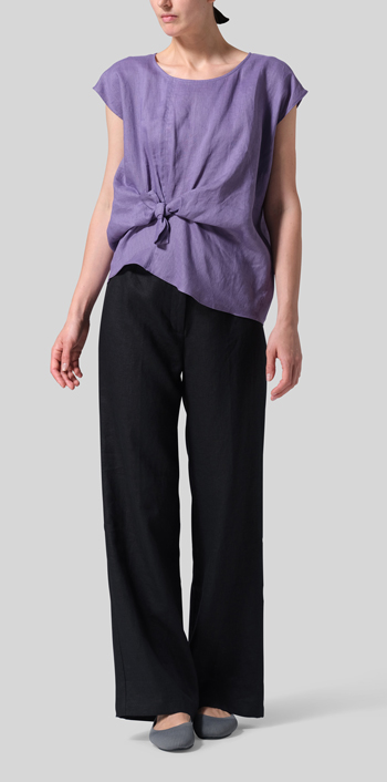 Purple Linen Waist Self-tied Ribbon Top