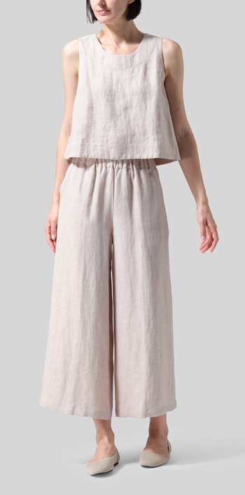 Twill Light Beige Linen ​S​lightly A-Shape Wide Leg Pants Set