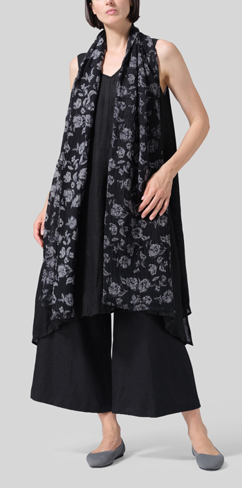 Black Woven Linen Sleeveless A-shaped Blouse Set