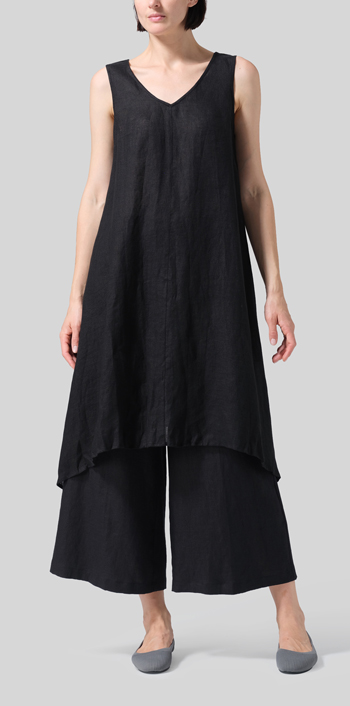 Black Woven Linen Sleeveless A-shaped Blouse