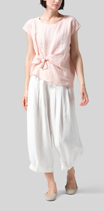 Rose Pink Linen Waist Self-tied Ribbon Top