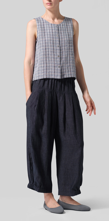 Navy Gray Madras Linen Sleeveless Top Tank Set