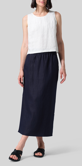Dark Navy Linen Midi-Length Straight Skirt