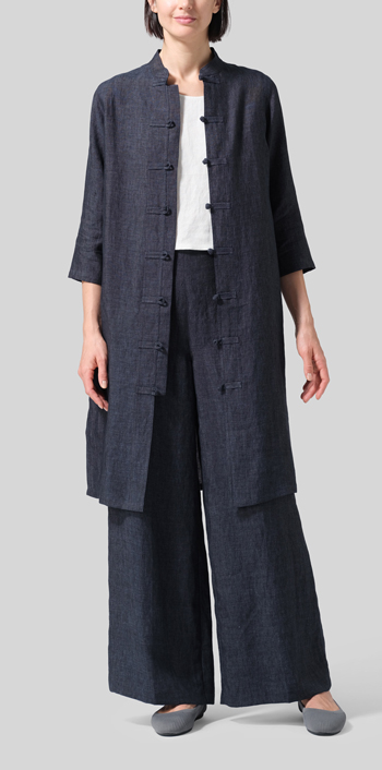 Smokey Blue Linen Handmade Chinese Knot Buttons Long Tunic