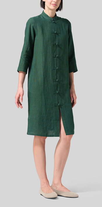 Green Linen Handmade Chinese Knot Buttons Long Tunic