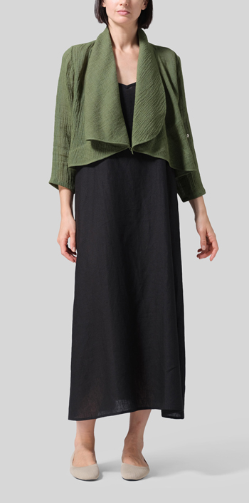 Dark Green Linen Three-quarter Sleeve Shawl Collar Short Jacket