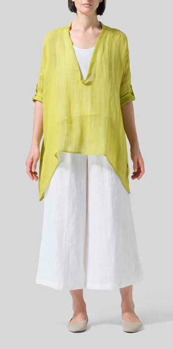 Yellow Linen Loose Delicate Deep V-neck Overtop