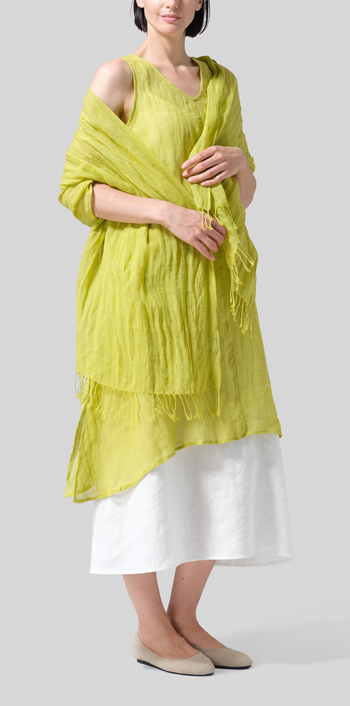 Yellow Woven Linen Sleeveless A-shaped Blouse with Scarf