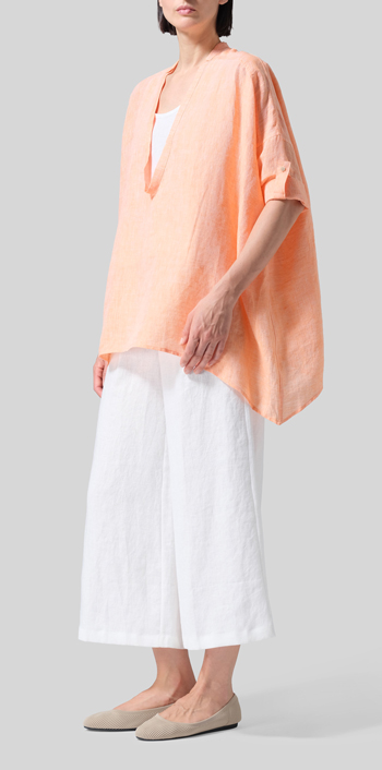 Two Tone Orange Linen Loose Delicate Deep V-neck Overtop