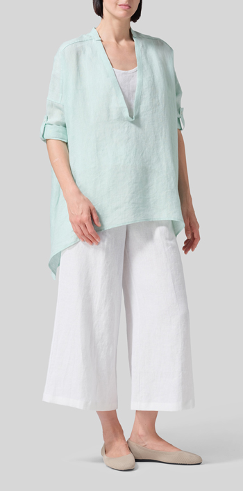Soft Light Green Linen Loose Deep V-neck Overtop