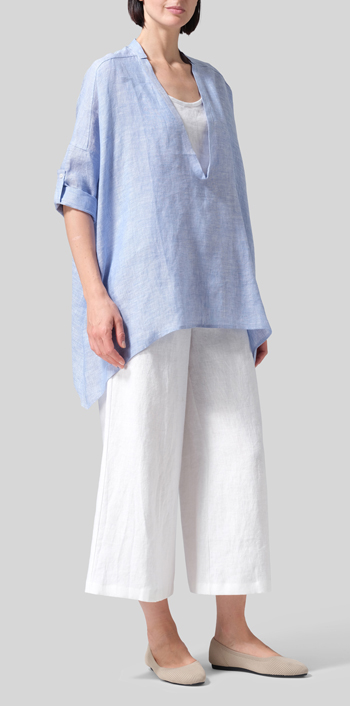 Cornflower Blue Linen Loose Deep V-neck Overtop