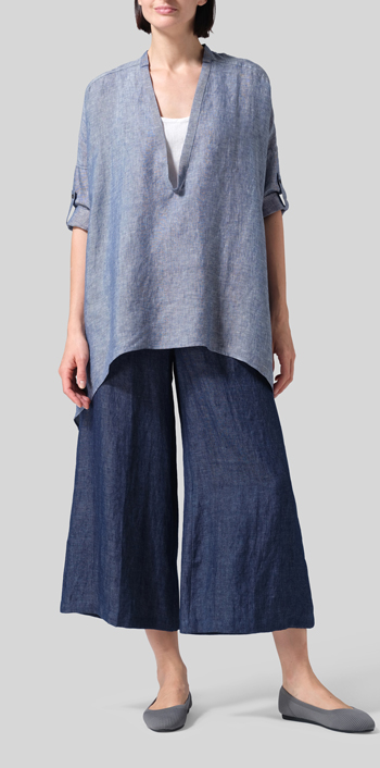 Two Tone Denim Linen Loose Delicate Deep V-neck Overtop
