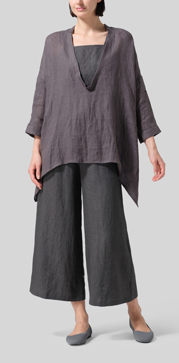 Charcoal Gray Linen Loose Delicate Deep V-neck Overtop