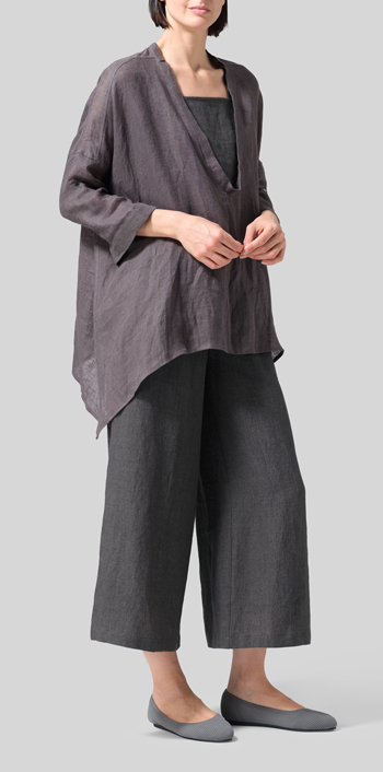 Charcoal Gray Linen Loose Delicate Deep V-neck Overtop