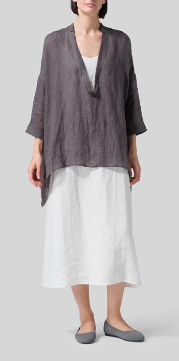 Charcoal Gray Linen Loose Delicate Deep V-neck Overtop Set