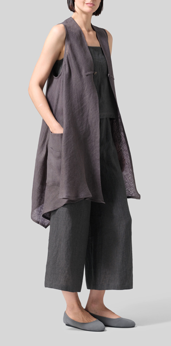 Dark Charcoal Lightweight Linen A-Line Mid-Length Vest