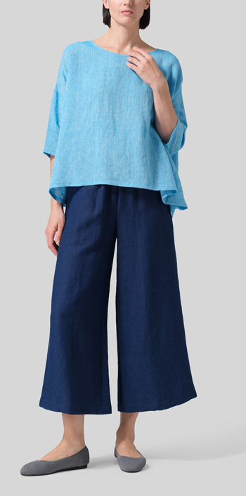 Sky Blue Linen Dropped Shoulder Long Top