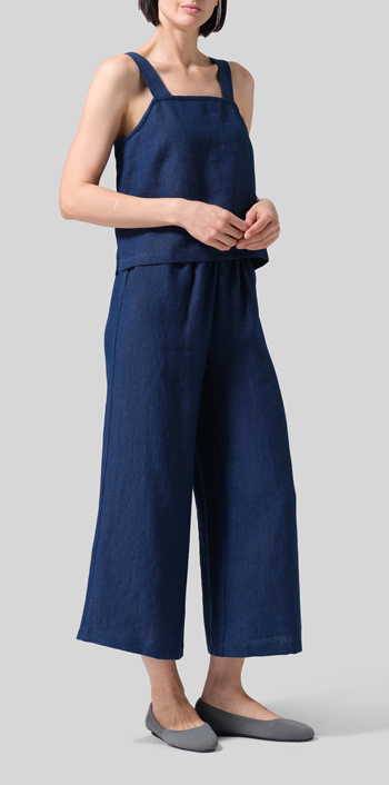 Indigo Blue Linen Square Neckline Button-Back Straight Short Tank Set