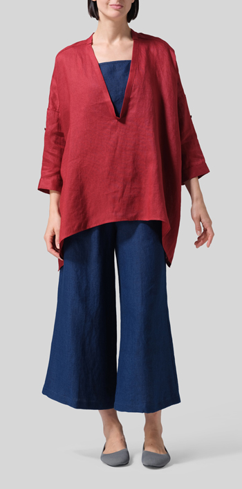 Dull Red Linen Loose Delicate Deep V-neck Overtop