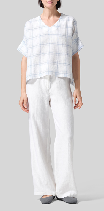 Blue Plaid Linen V-Neck Dropped Shoulder Versatile Top