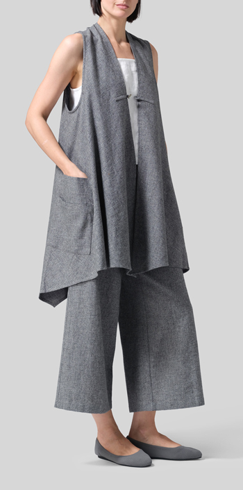 Two Tone Gray Black Linen A-Line Mid-Length Vest
