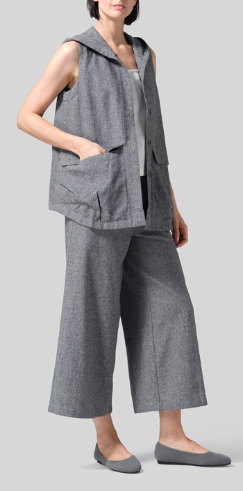 Two Tone Gray Black Linen Hooded Vest