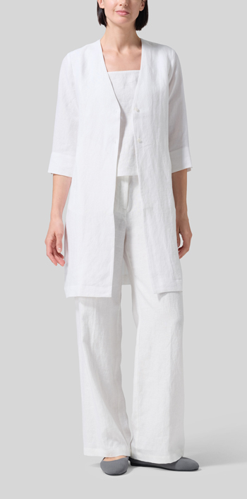 White Linen Straight Fit V-Neck Long Jacket