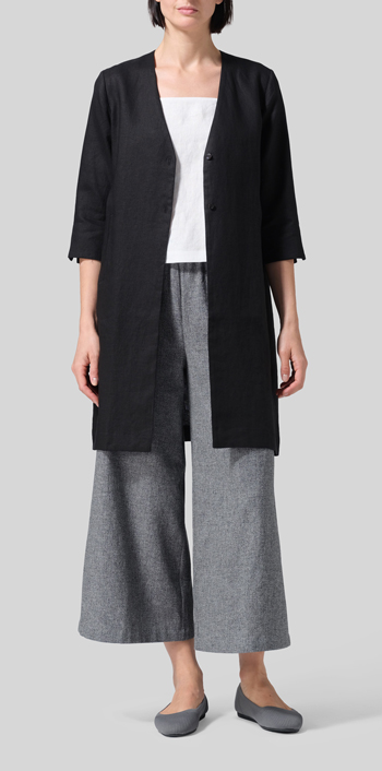 Linen Straight Fit V-Neck Long Jacket