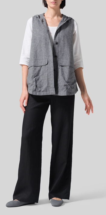 Two Tone Gray Black Linen Hooded Vest Set