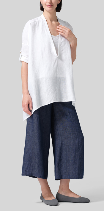 White Linen Loose Delicate Deep V-neck Overtop