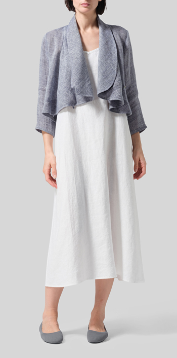 Two Tone Blue Linen Three-quarter Sleeve Shawl Collar Short Jacket