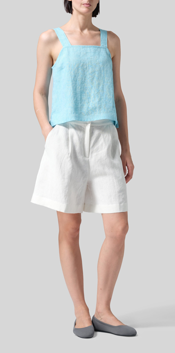 Aqua Blue Linen Square Neckline Button-Back Straight Short Tank