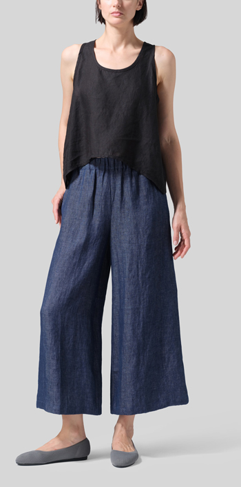 Denim Blue Linen ​S​lightly A-Shape Wide Leg Pants