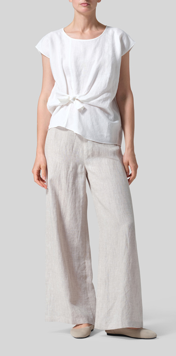 White Linen Waist Self-tied Ribbon Top