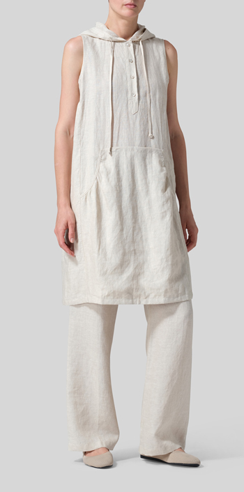 Oat Linen Sleeveless Hoodie Long Tunic Set