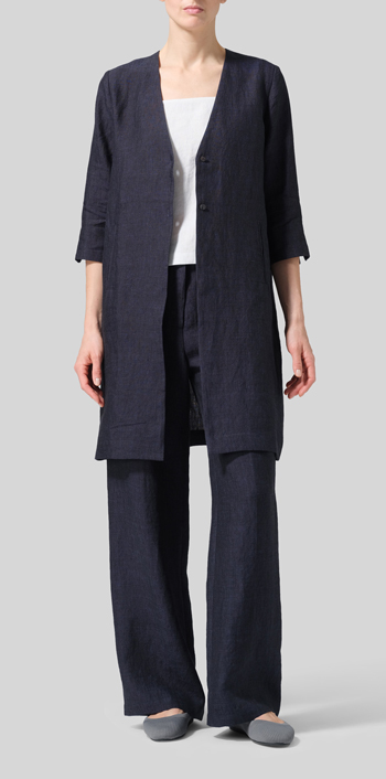 Denim Linen Straight Fit V-Neck Long Jacket