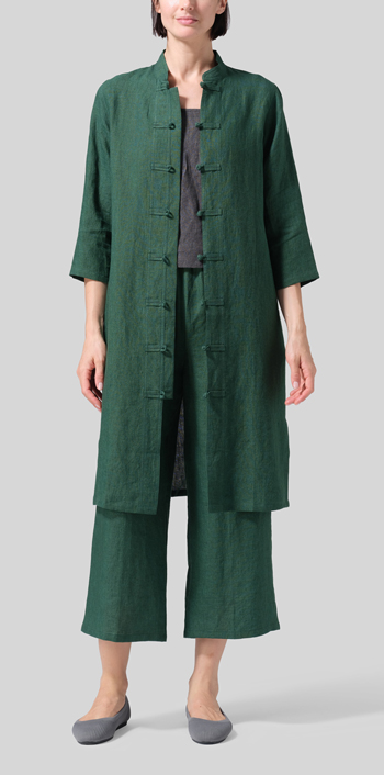 Green Linen Handmade Chinese Knot Buttons Long Tunic Set