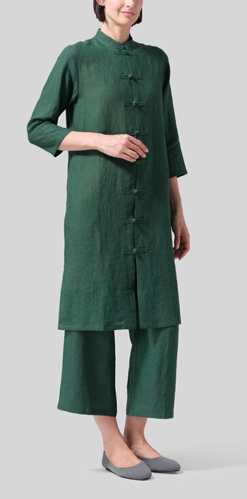 Green Linen Handmade Chinese Knot Buttons Long Tunic Set