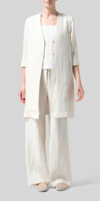 Linen Straight Fit V-Neck Long Jacket Set