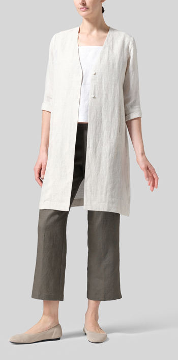 Oat Linen Straight Fit V-Neck Long Jacket