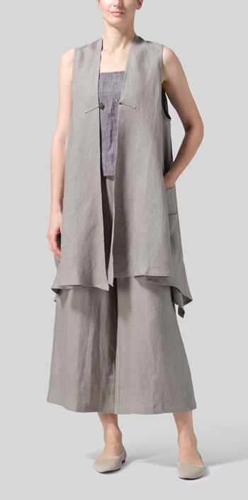 Warm Gray Linen A-Line Mid-Length Vest