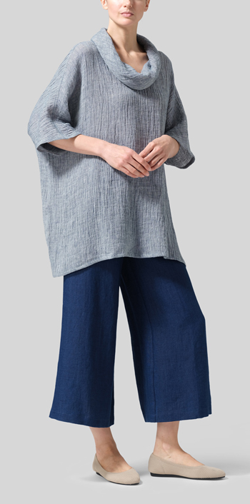 Dark Sky Blue Gauze Linen Turtleneck Tunic