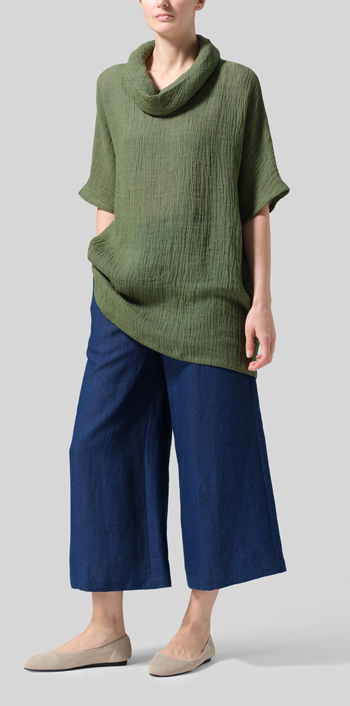Dark Green Gauze Linen Turtleneck Tunic