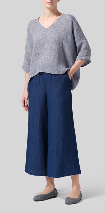 Two Tone Blue Gauze Linen Loose Deep V-Neck Top